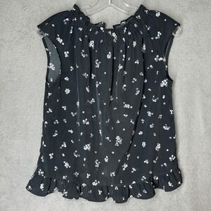 Lauren Conrad Black Floral Ruffle Neck Cap Sleeve Top XS